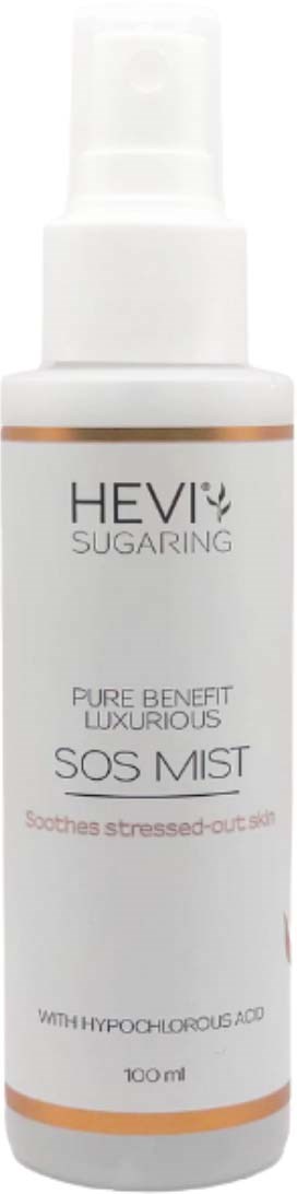 A white spray bottle labeled 'HEVI SUGARING SOS MIST' designed to soothe stressed skin.