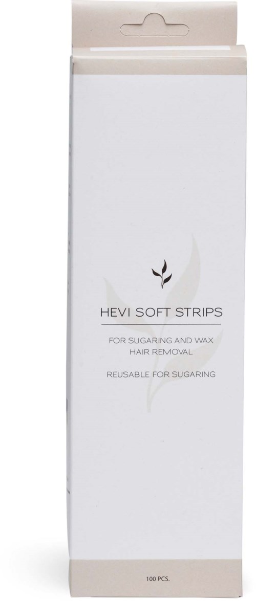 Ein langer, weißer Karton mit HEVI Soft Strips für Haarentfernung, enthält 100 Stück. Einfaches Design mit Text und kleinem Logo.