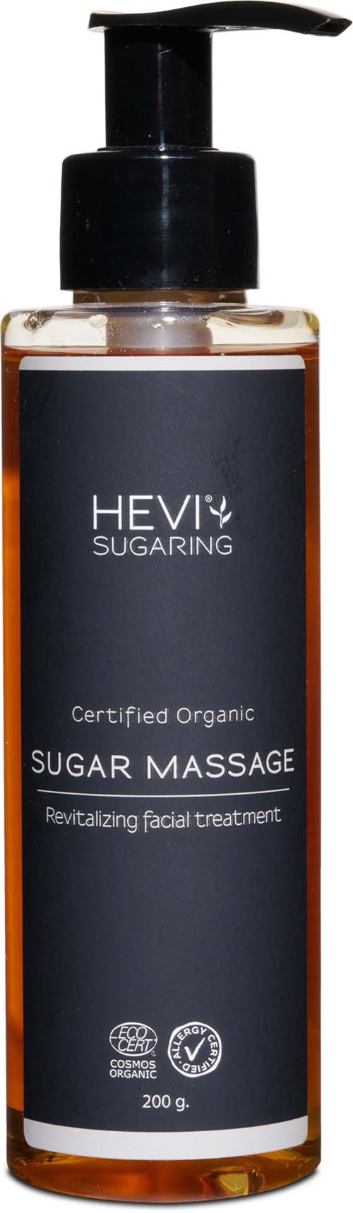 A clear bottle with a pump, labeled "HEVI SUGARING" and "SUGAR MASSAGE," used for facial treatment. It is certified organic.