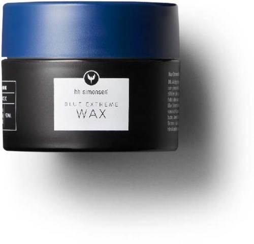 Een zwarte pot met blauwe deksel, gemarkeerd met 'HH Simonsen Blue Extreme Wax'.