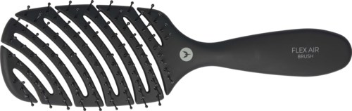 A black hairbrush with a curved design and flexible teeth, labeled 'FLEX AIR BRUSH.'