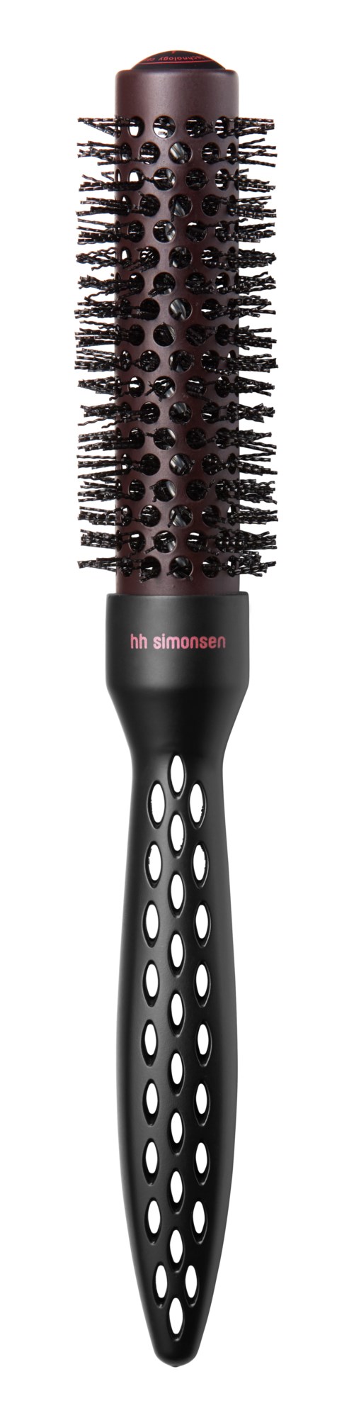 Een zwarte haarborstel met een ronde trommel en veel haren. Het handvat heeft witte stippen en een roze logo.