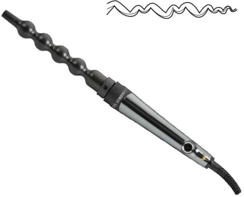 Een krultang met een zwart handvat en een metalen buis, met golvende lijnen erboven die haar krult.