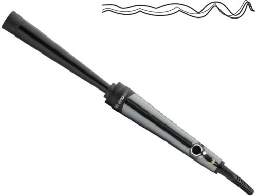 Een krultang met snoer en opwarmknop, gebruikt voor haarstyling.
