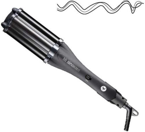 Een krultang met handvat, metalen cilinder en snoer, gebruikt om haar te krullen. Bovenaan zijn golvende lijnen.