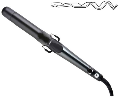 Een krultang verwarmt haar, met een snoer. Het is zwart en zilver. Een diagram toont haarstyling.