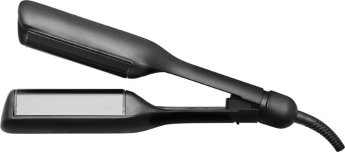 A flat iron with a handle, heating plates, and a power cord, used for styling hair.