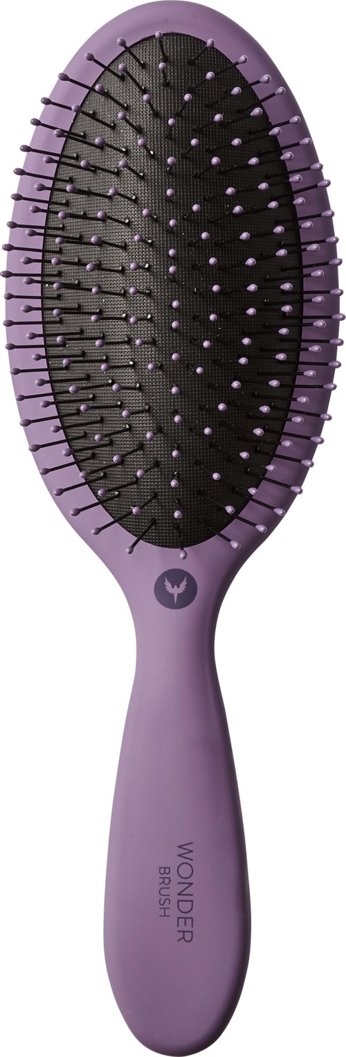 A purple hairbrush with black bristles and small white tips, oval shape, handle, brand name 'WONDER' on handle.