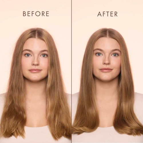 A woman with long, wavy hair before and after hair straightening, showing smoother, more polished hair in the after image.