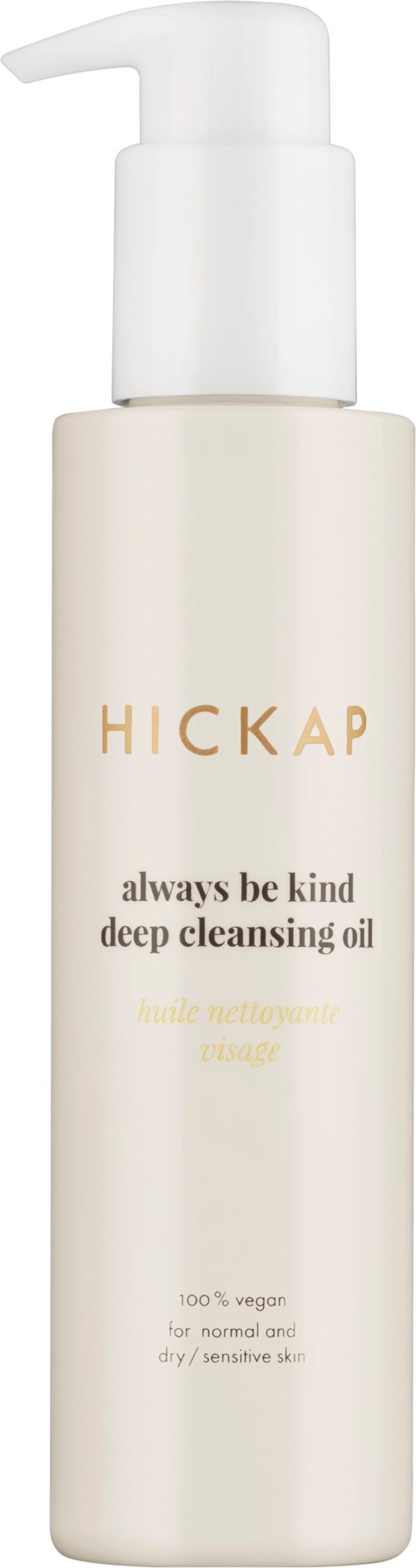 A white bottle with a pump, labeled 'HICKAP' and 'deep cleansing oil,' suitable for normal or sensitive skin.