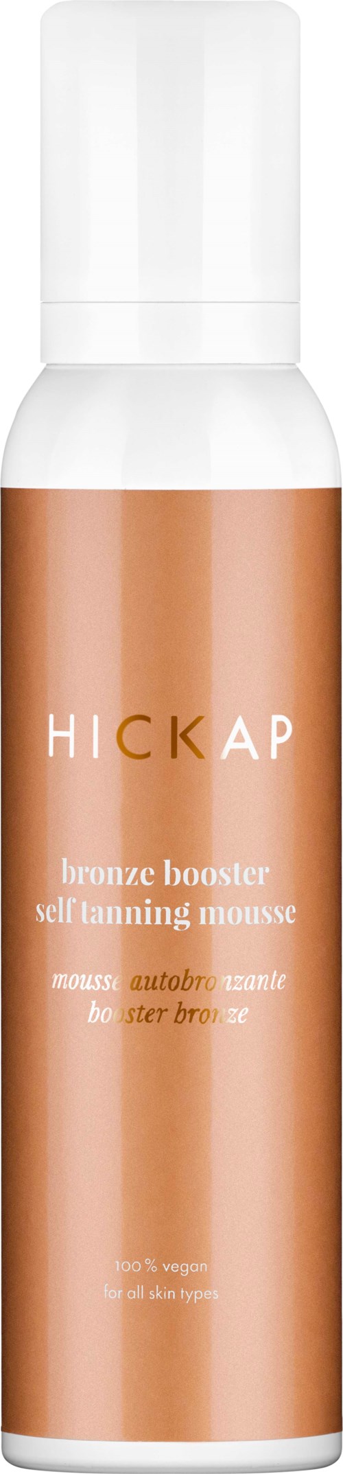 A bottle of self-tanning mousse called Hickap bronze booster, designed for after tanning.