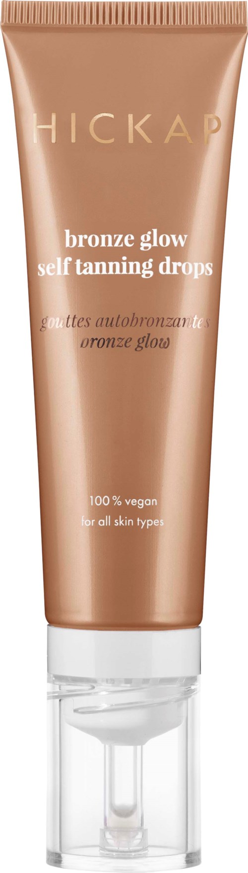 Hickap bronze glow self-tanning drops in a tube, suitable for all skin types and 100% vegan.