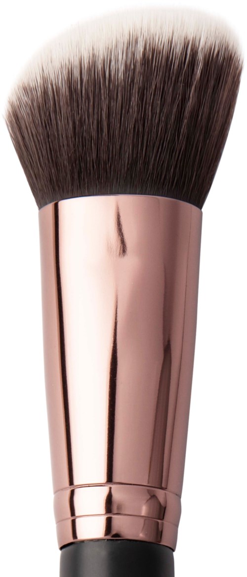 A makeup brush with a rose gold handle and soft black and white bristles.