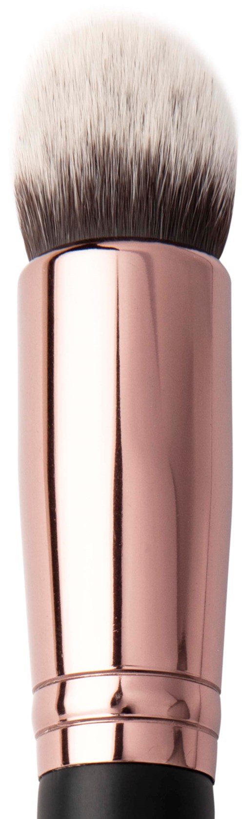 A makeup brush with a shiny rose gold handle and soft, fluffy bristles.