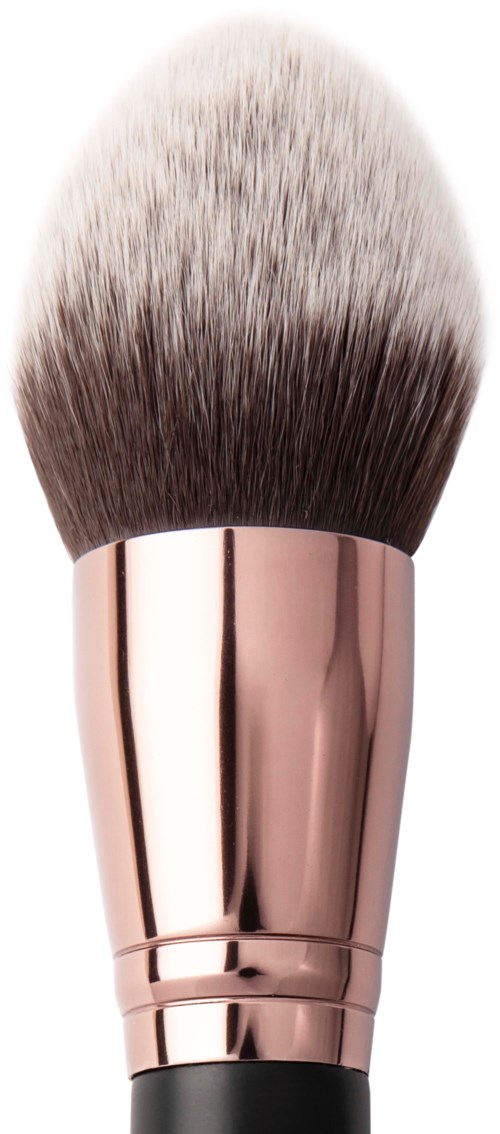 A makeup brush with a rose gold handle and soft, fluffy bristles.