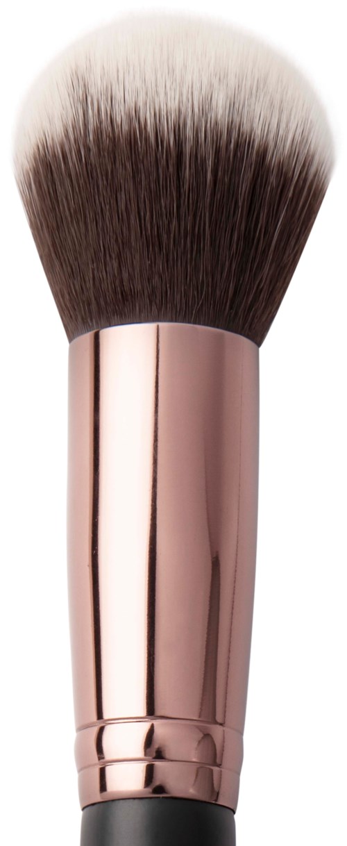 A makeup brush with a rose gold handle and soft, fluffy bristles. The brush is designed for applying powder or blush.