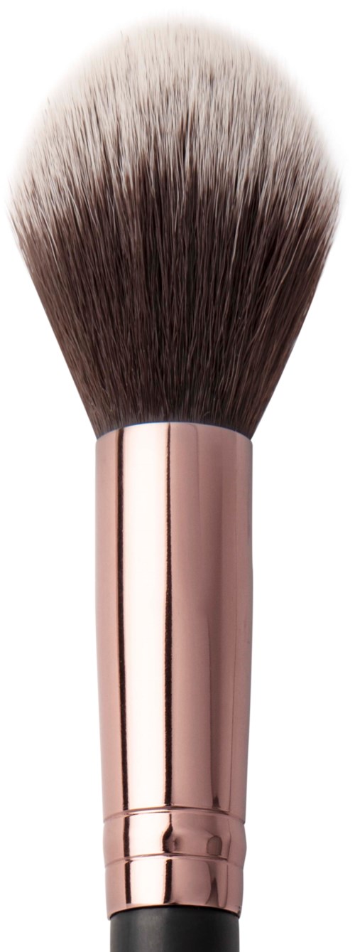 A makeup brush with a pink handle and fluffy bristles. The background is white.