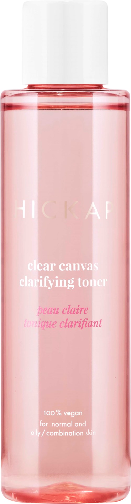 Pink transparent bottle with white cap, labeled as a clarifying toner for skincare.