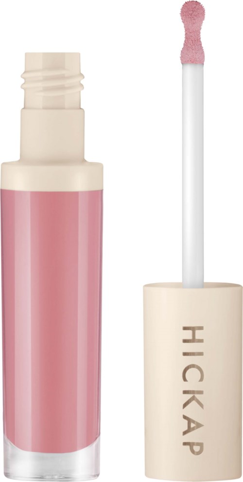 A pink lip gloss bottle with a white cap and a wand applicator.