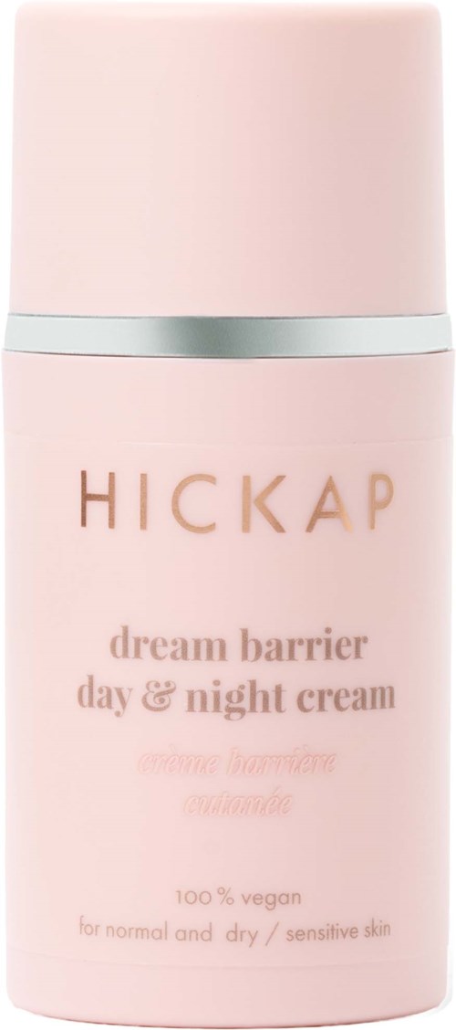 A pink bottle with the brand name 'Hickap' and product details for day and night cream. It is for dry and sensitive skin.