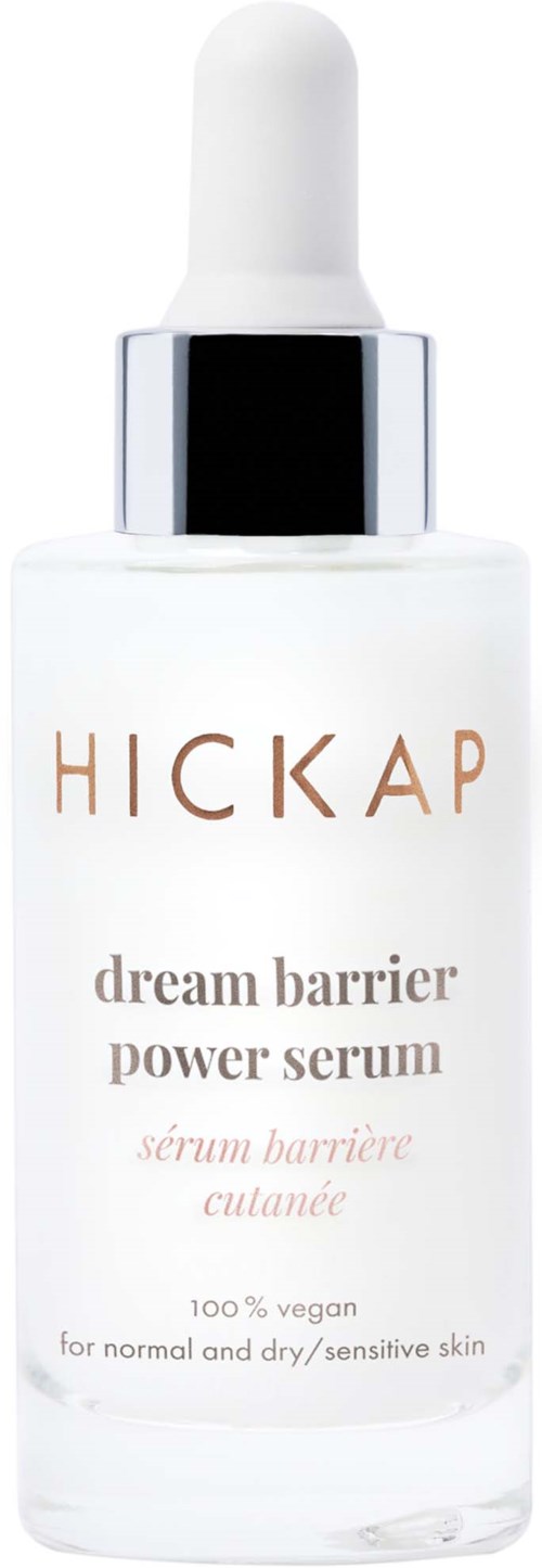A white bottle with a dropper cap, labeled 'HICKAP Dream Barrier Power Serum,' indicating a skincare product.