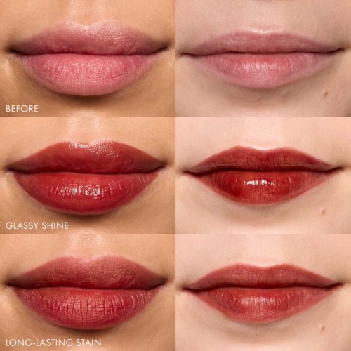Three sets of lips show before, glossy shine, and long-lasting stain lipstick effects. The lips are natural, shiny, and colored.
