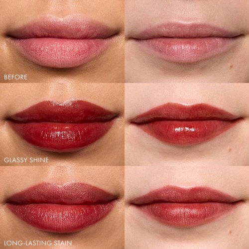 The image shows a before and after comparison of lips with different lipstick finishes: natural, glossy, and long-lasting stain.