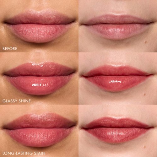 Showcases lips before and after applying shiny lip gloss and stain for a shiny, long-lasting look.