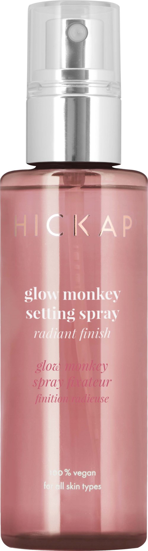 Pink spray bottle labeled 'HICKA' with a silver cap and white spray nozzle.