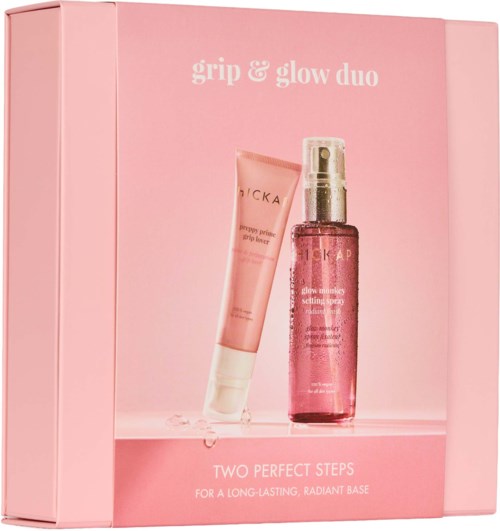 Rosa låda med två hudvårdsprodukter: en tub märkt Brightening Day Cream och en sprayflaska märkt Glow Illuminator.