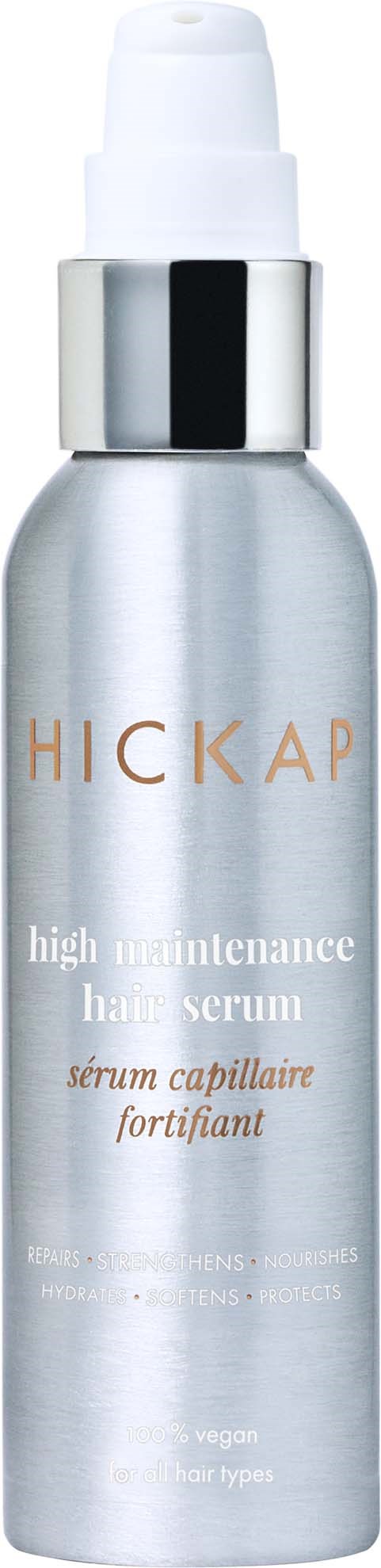 A silver bottle with a white pump, labeled Hickap high maintenance hair serum, in simple and clean design.
