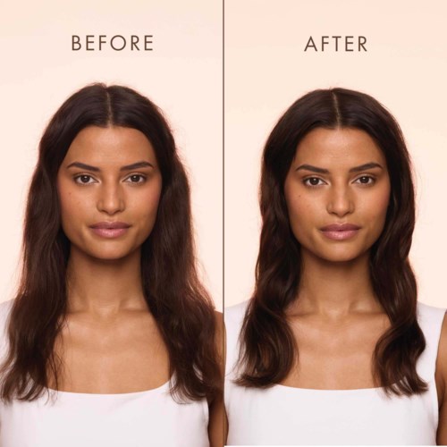 Side-by-side comparison of a woman before and after hair and makeup change, with smoother hair and improved skin tone.