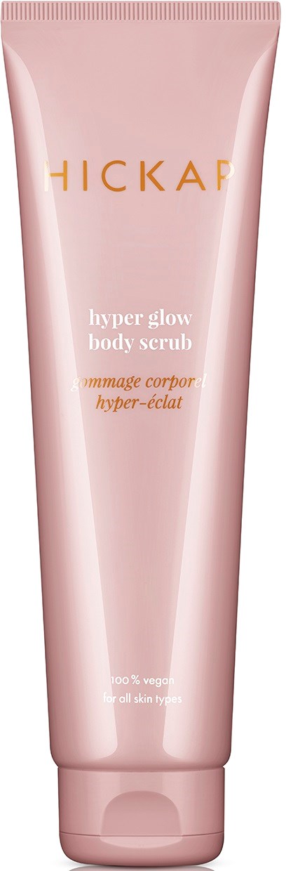 Pink tube labeled 'HICKAP' with 'hyper glow body scrub' text. It mentions vegan ingredients and suitability for all skin types.