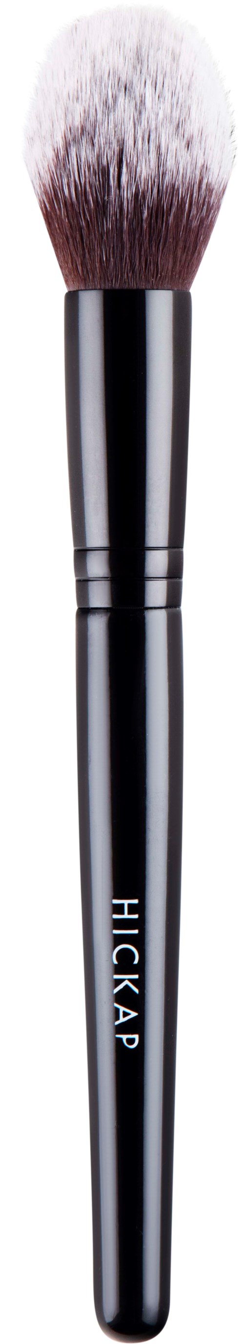 A makeup brush with black handle and fluffy white-pink bristles, labeled 'HICKAP'.