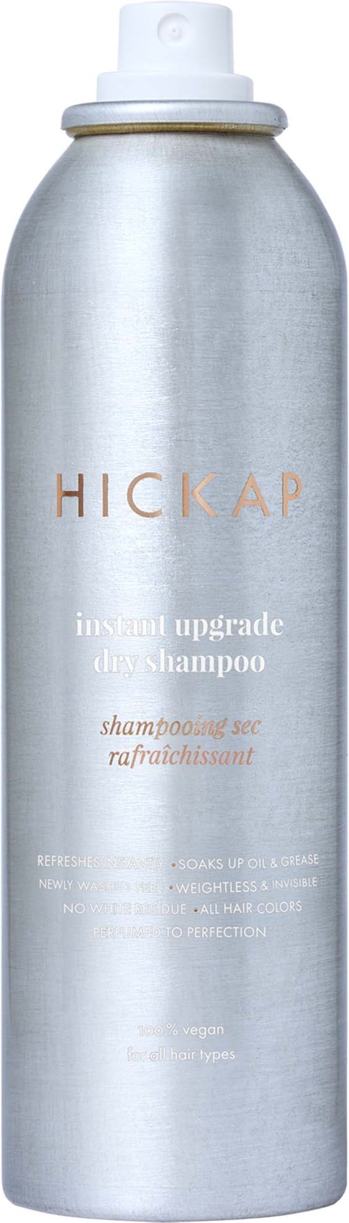 A tall, silver can with a white spray nozzle, labeled 'HICKAP' for hair refreshment and upgrade.