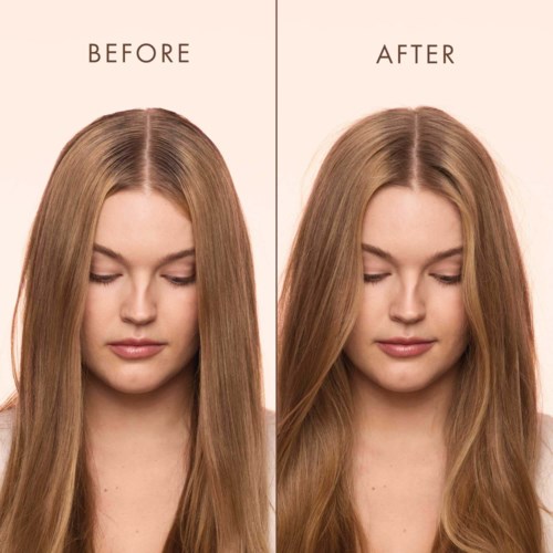 Side-by-side comparison shows hair before and after styling, looking smoother and more shiny in the after image.