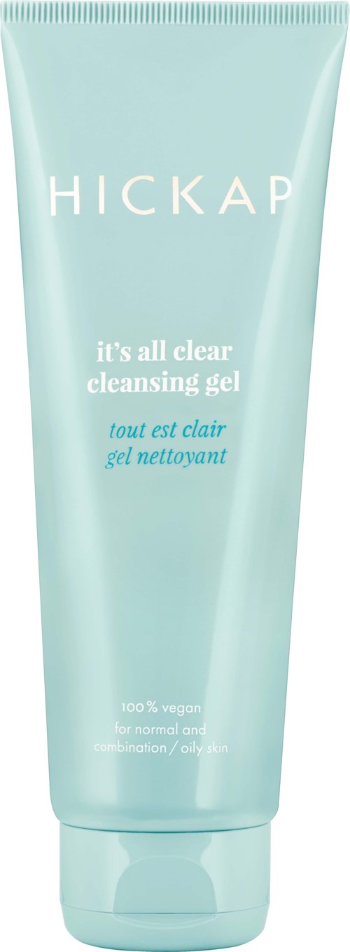 A pale blue tube labeled 'HICKAP' with text about a cleansing gel for normal skin.