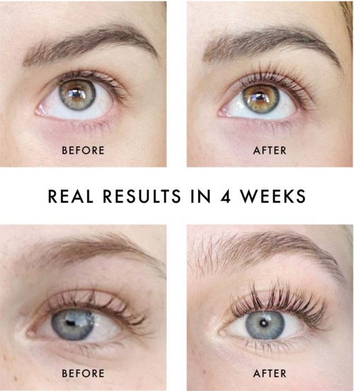 Before and after images show eye transformations with longer lashes after 4 weeks.
