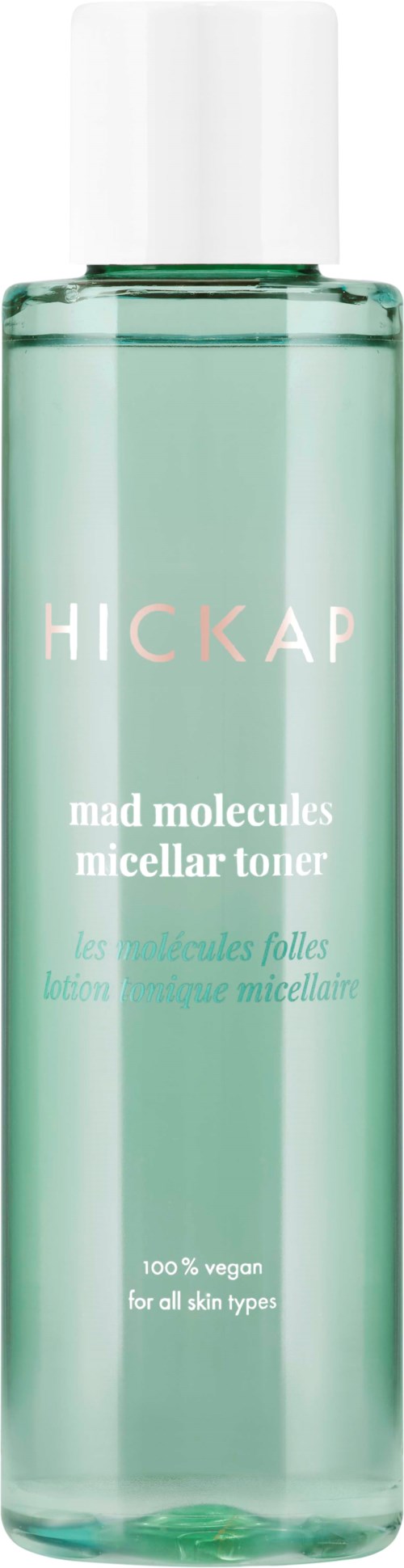 A tall, clear bottle with a white cap. The label says Hickap mad molecule's micellar toner, vegan for all skin types.