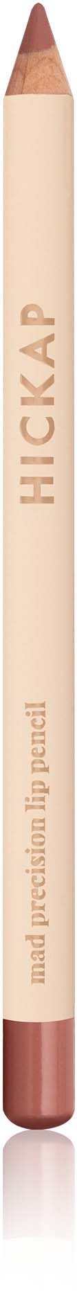 A beige eyebrow pencil with a brown tip, branded 'HICKA P' with text 'hand matching lip pencil' on it.