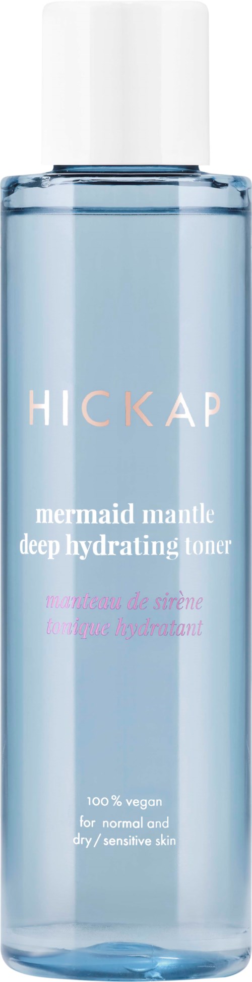 A tall, clear blue bottle with a white cap, labeled 'HICKAP' and 'mermaid mantle deep hydrating toner'.