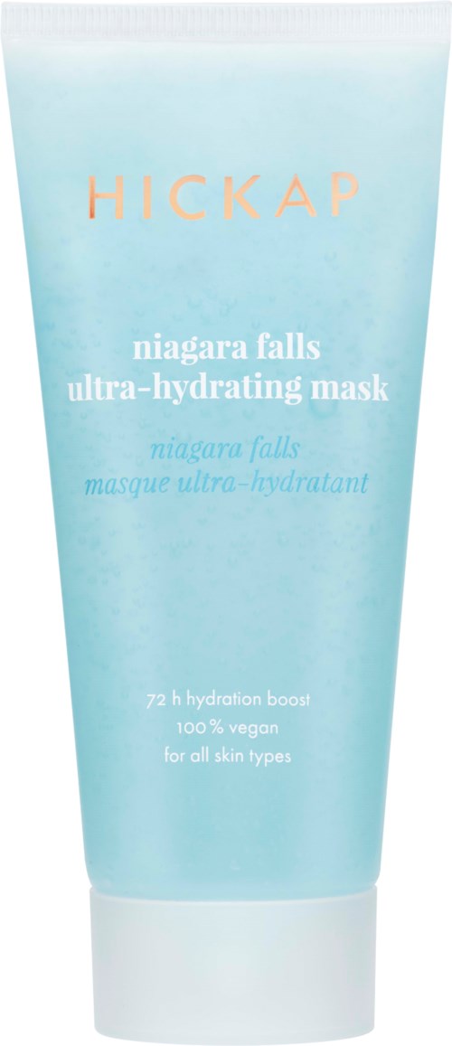 Hellblaue Tube mit der Aufschrift 'HICKAP Niagara Falls ultra-hydrating mask' für alle Hauttypen, vegan, mit 72 Stunden Hydrationsschub.