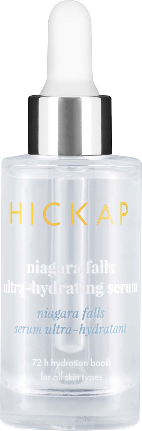 A clear glass bottle with a white dropper cap, labeled HICKAP niagara falls ultra-hydrating serum.