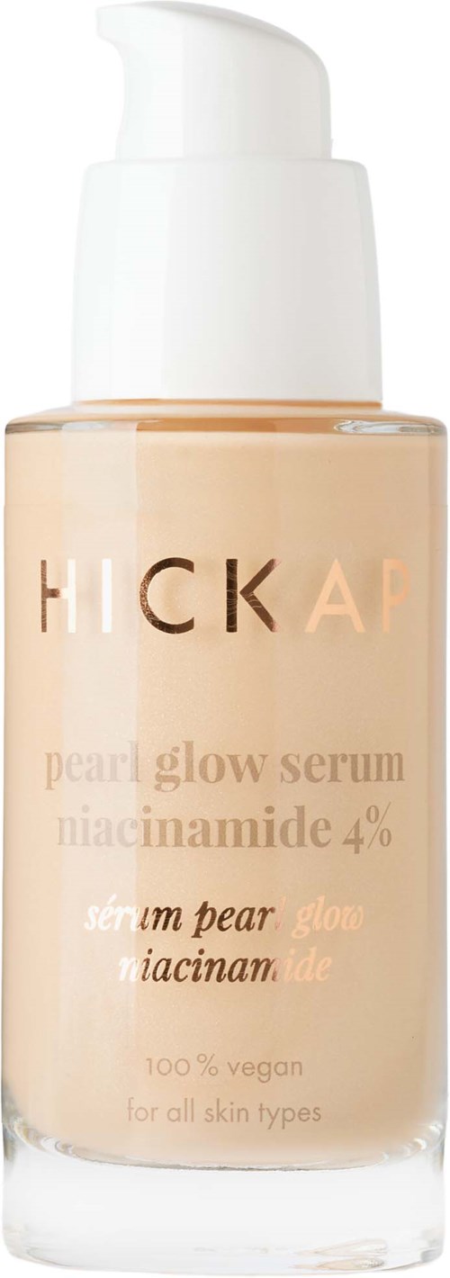 Bottle of pearl glow serum with a pump, labeled Hickap, for all skin types.