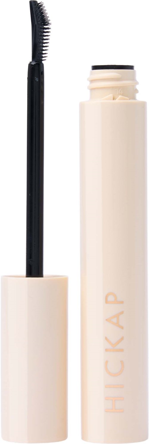 A white tube of eyebrow gel with a black applicator brush inside. The tube has the brand name 'HICKA' on it.