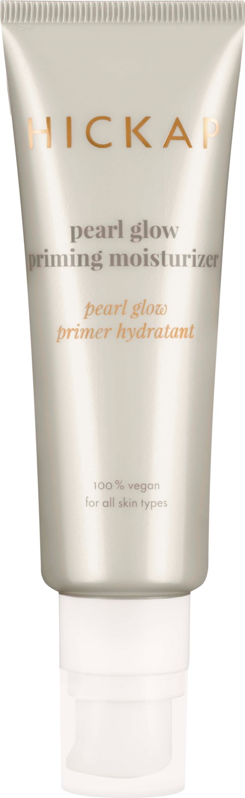 A white tube of Hicka Pearl Glow Primer Moisturizer for all skin types. It has a white cap and simple design.