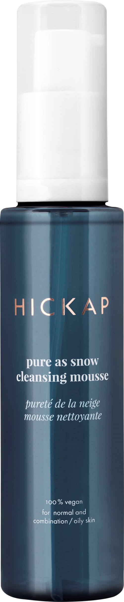 A blue bottle with a white pump labeled Hickap, contains snow cleansing mousse for normal and oily skin.