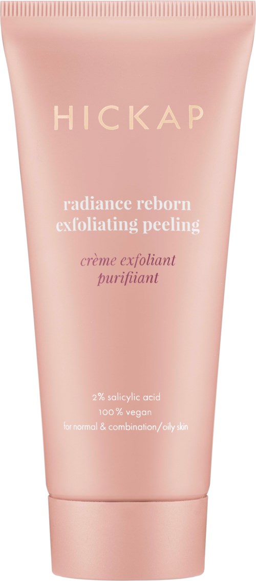 Pink tube of exfoliating peeling with white and pink text, claims to be vegan and suitable for normal skin.