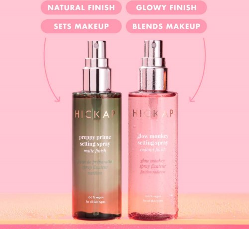 Two makeup setting sprays with different finishes, one natural and one glowy, labeled for all skin types.