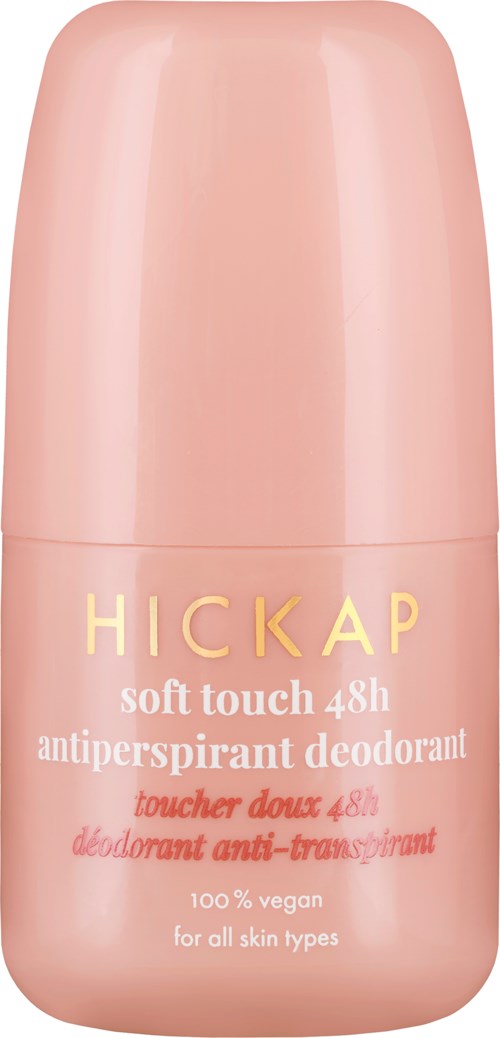A pink roll-on deodorant labeled Hickap, soft touch, 48h, vegan, for all skin types.